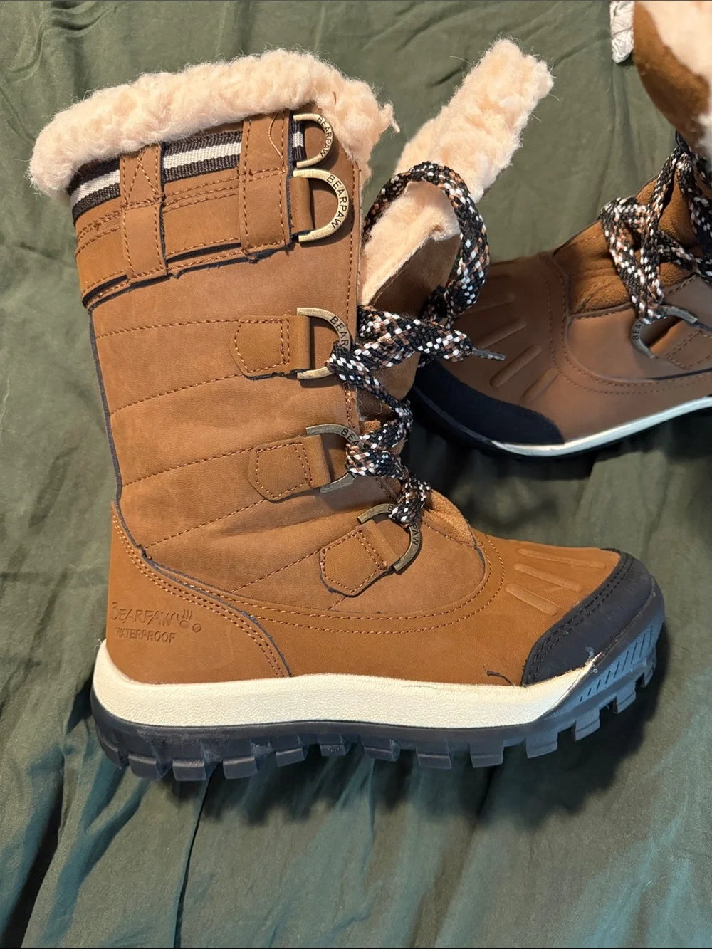 BearPaw Kids Tan & Black Waterproof Winter Boots with Faux Fur Cuff